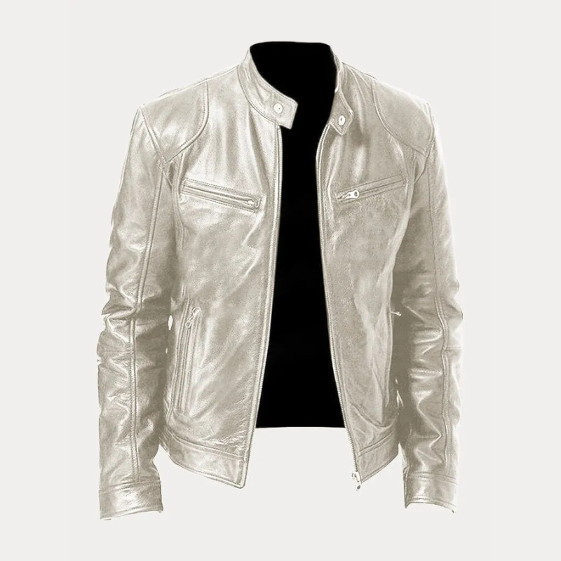 Mason Zipper Front Stand Collar Leather Jacket