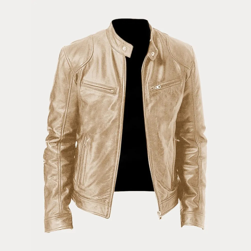 Mason Zipper Front Stand Collar Leather Jacket