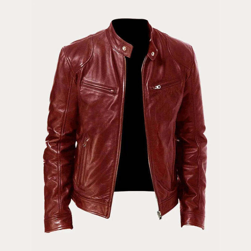 Mason Zipper Front Stand Collar Leather Jacket