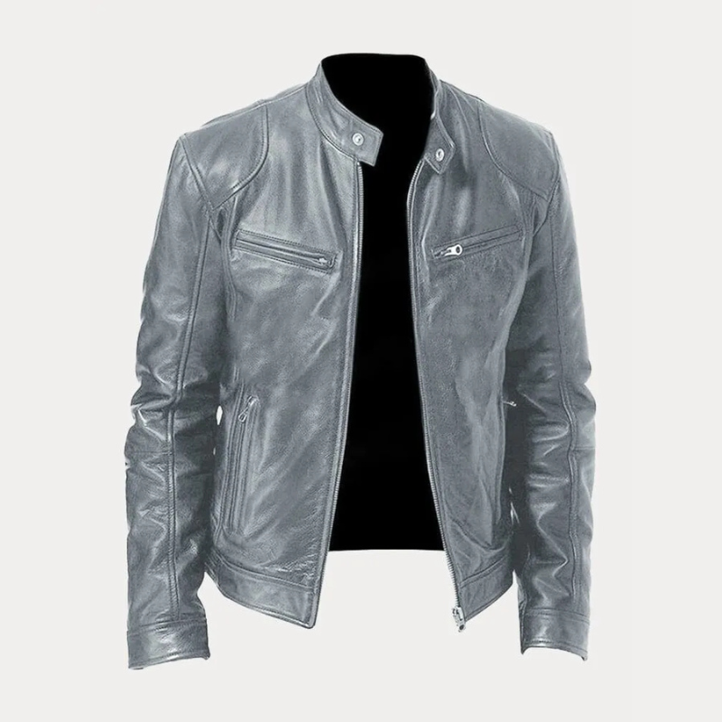 Mason Zipper Front Stand Collar Leather Jacket