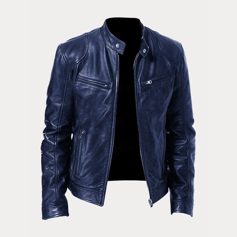 Mason Zipper Front Stand Collar Leather Jacket