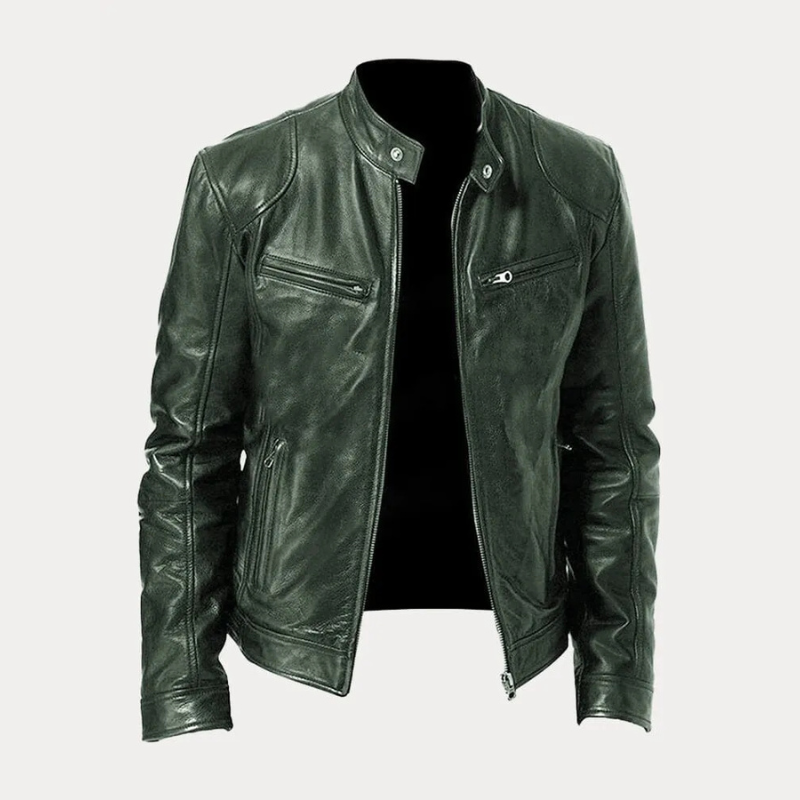 Mason Zipper Front Stand Collar Leather Jacket