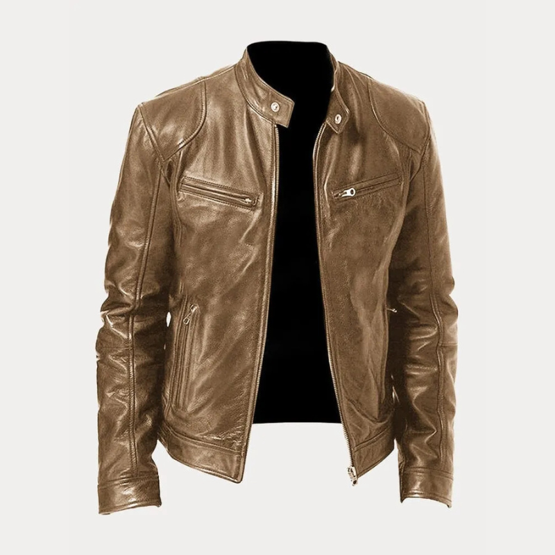 Mason Zipper Front Stand Collar Leather Jacket