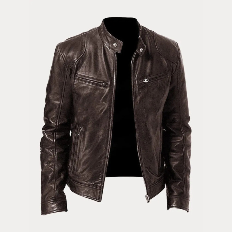Mason Zipper Front Stand Collar Leather Jacket