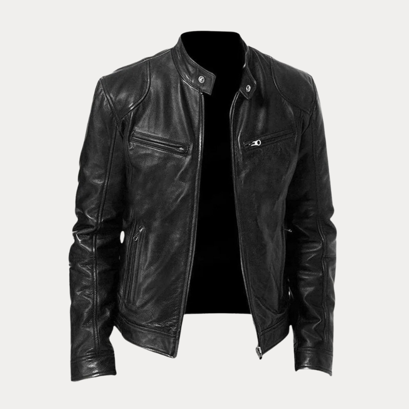 Mason Zipper Front Stand Collar Leather Jacket