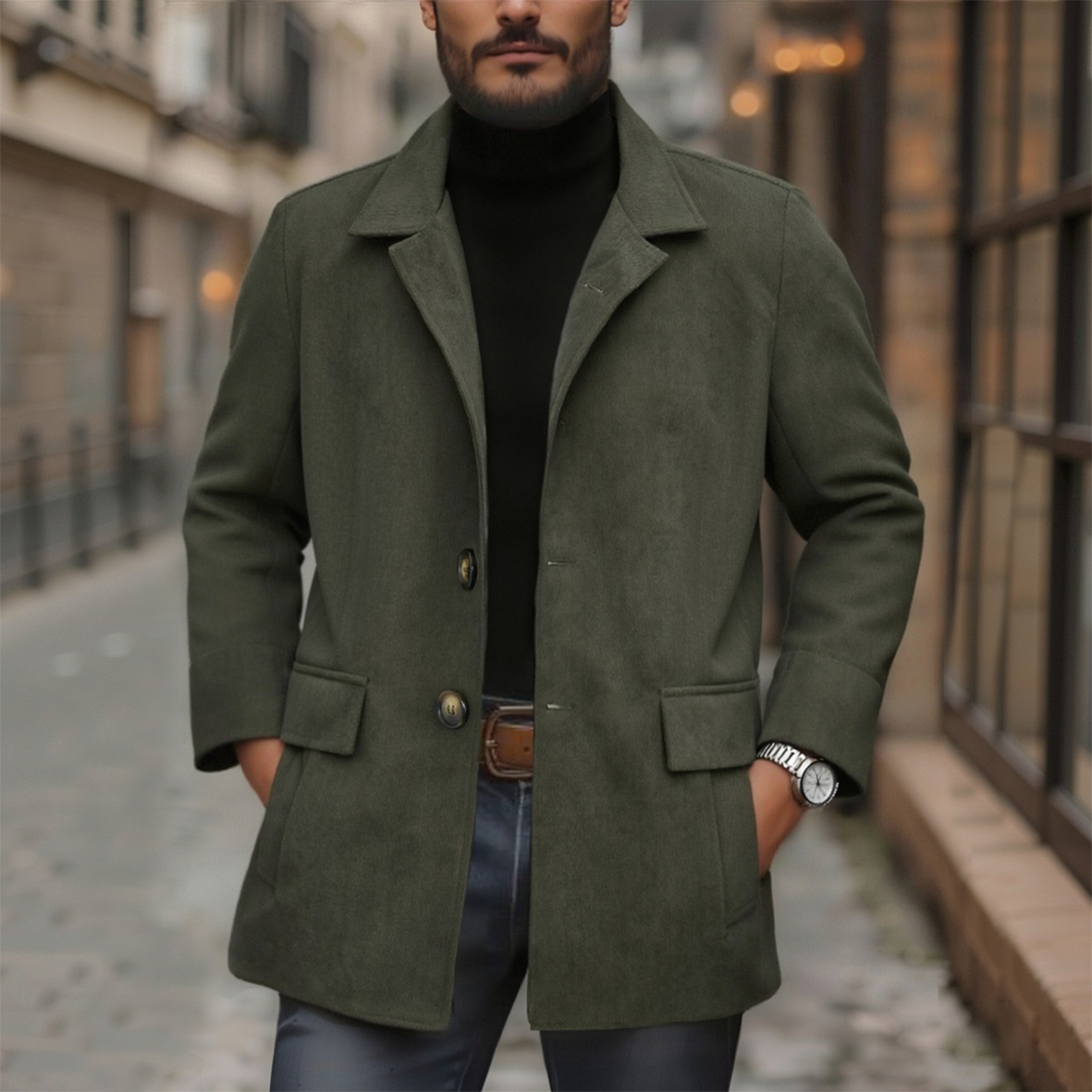 Marcus Single Breasted Flap Pocket Wool Blend Coat