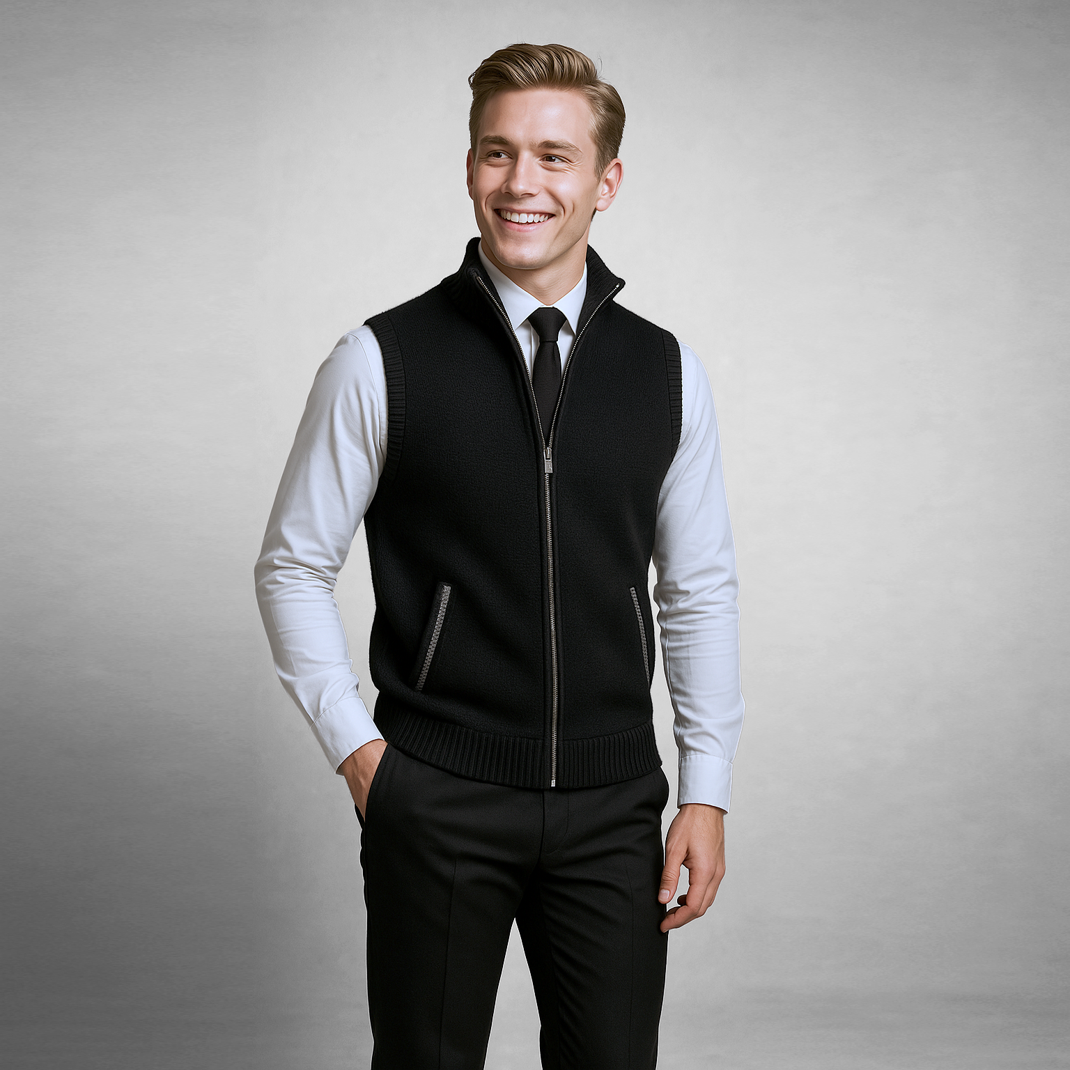 Josiah Zip-Up Knit Vest with Contrast Piping